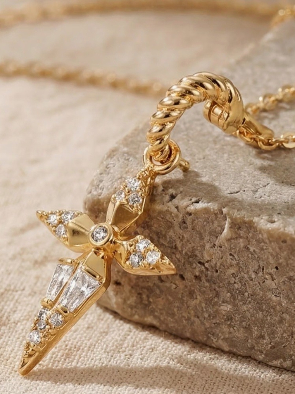 Gold Starburst Cross Pendant Necklace With CZ - Picture 3 of 3